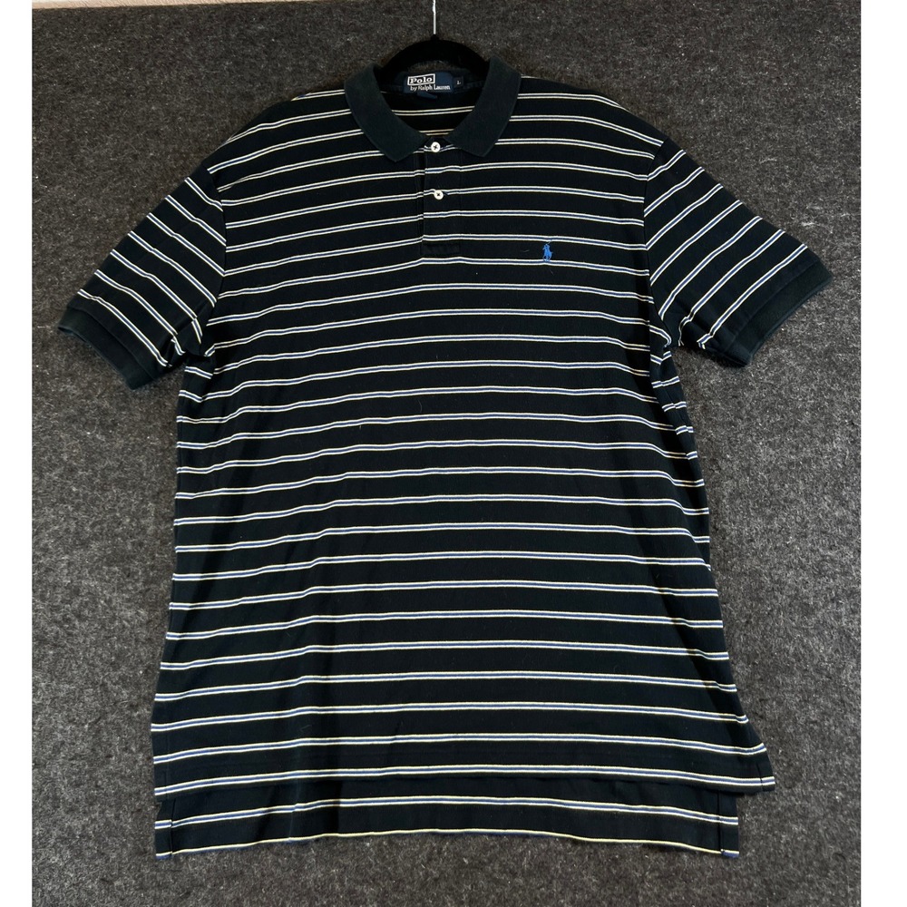 Vintage 90s Polo Ralph Lauren Striped Polo Shirt Mens Large Black Blue Yellow